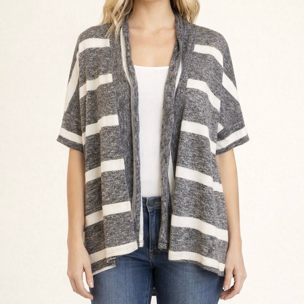 Loft Grey White Striped Short Sleeve Cardigan